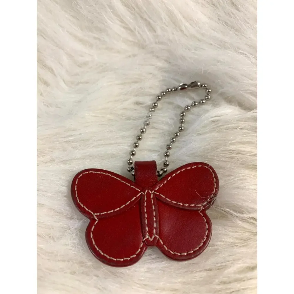 COACH Vintage Butterfly Charm Red Leather Key Ring Purse Fob